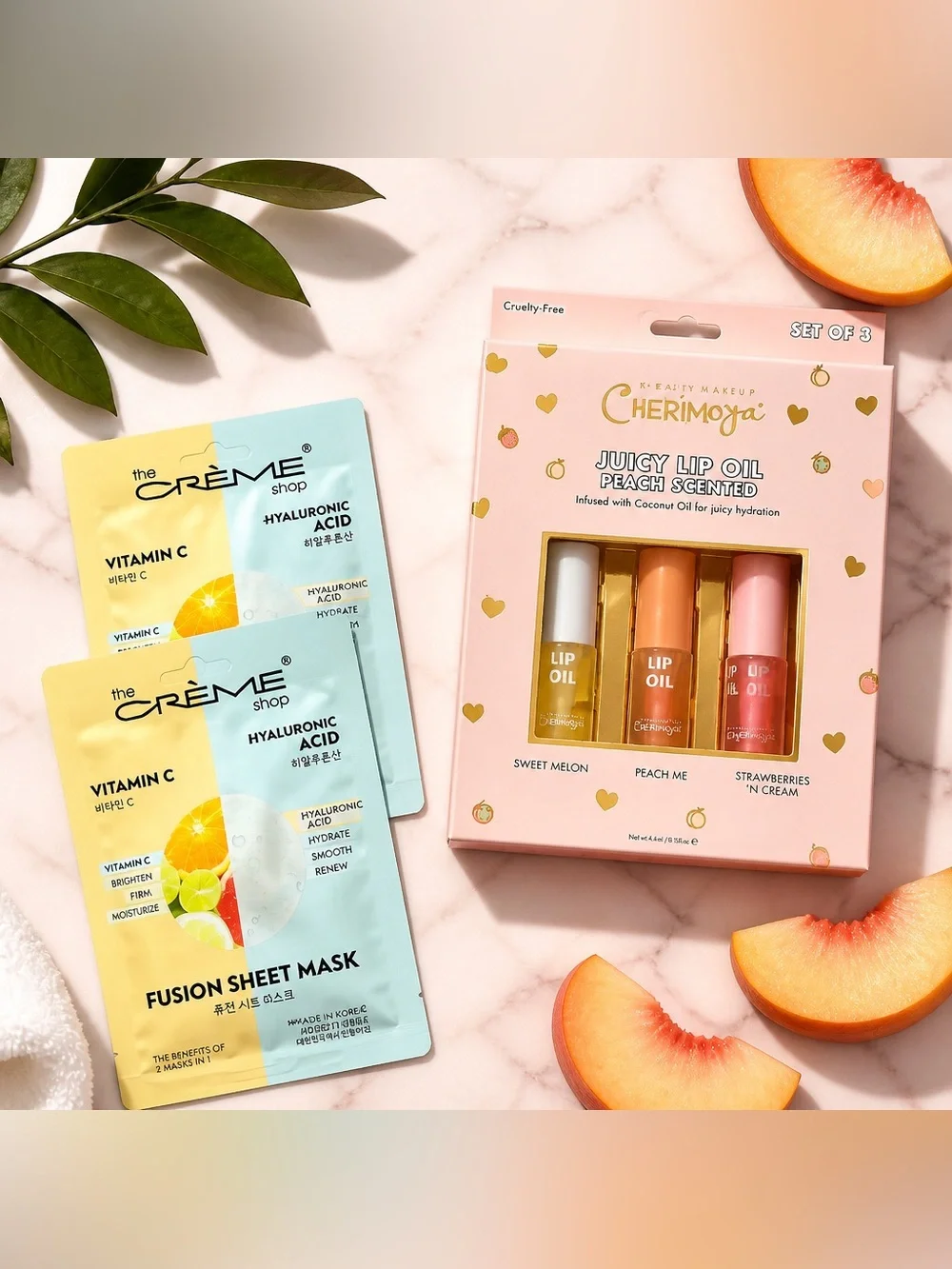 NIB Cherimoya Juicy Lip Oil Set of 3 & The Creme Shop 2 Fusion Sheet Masks